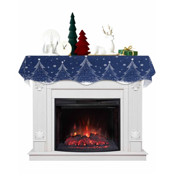 Navy Blue Christmas Tree Fireplace Mantel Scarf Table Runner, Balls Xmas Snowflake Winter Garland Mantel Top Tablerunners Dresser Scarves Cover Decorations for Windows Party Living Room 60''x17''