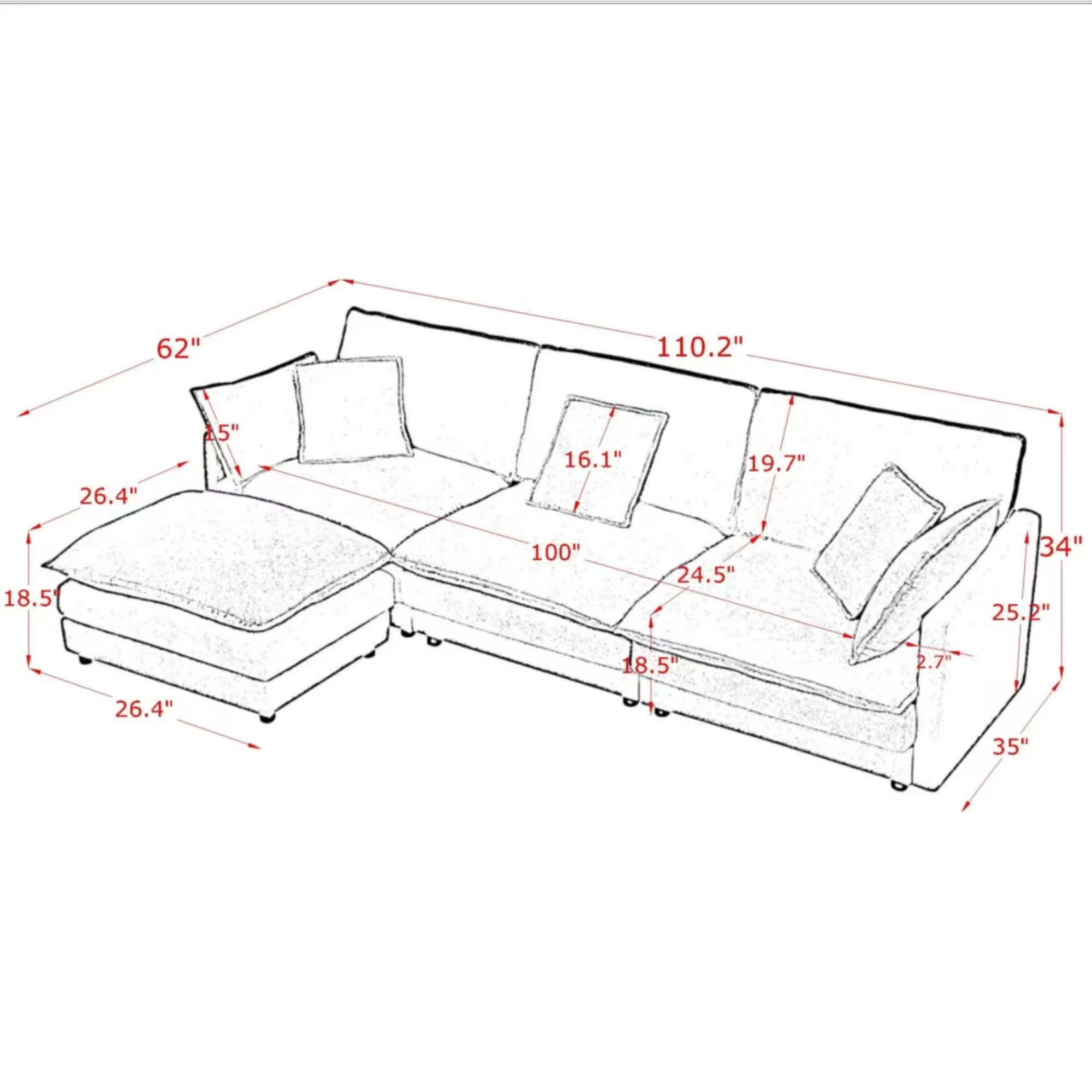 110" Modern L-Shaped Sectional Sofa Couches with Ottoman,Oversized Convertible 4 Seater Couch for Living Room,Black