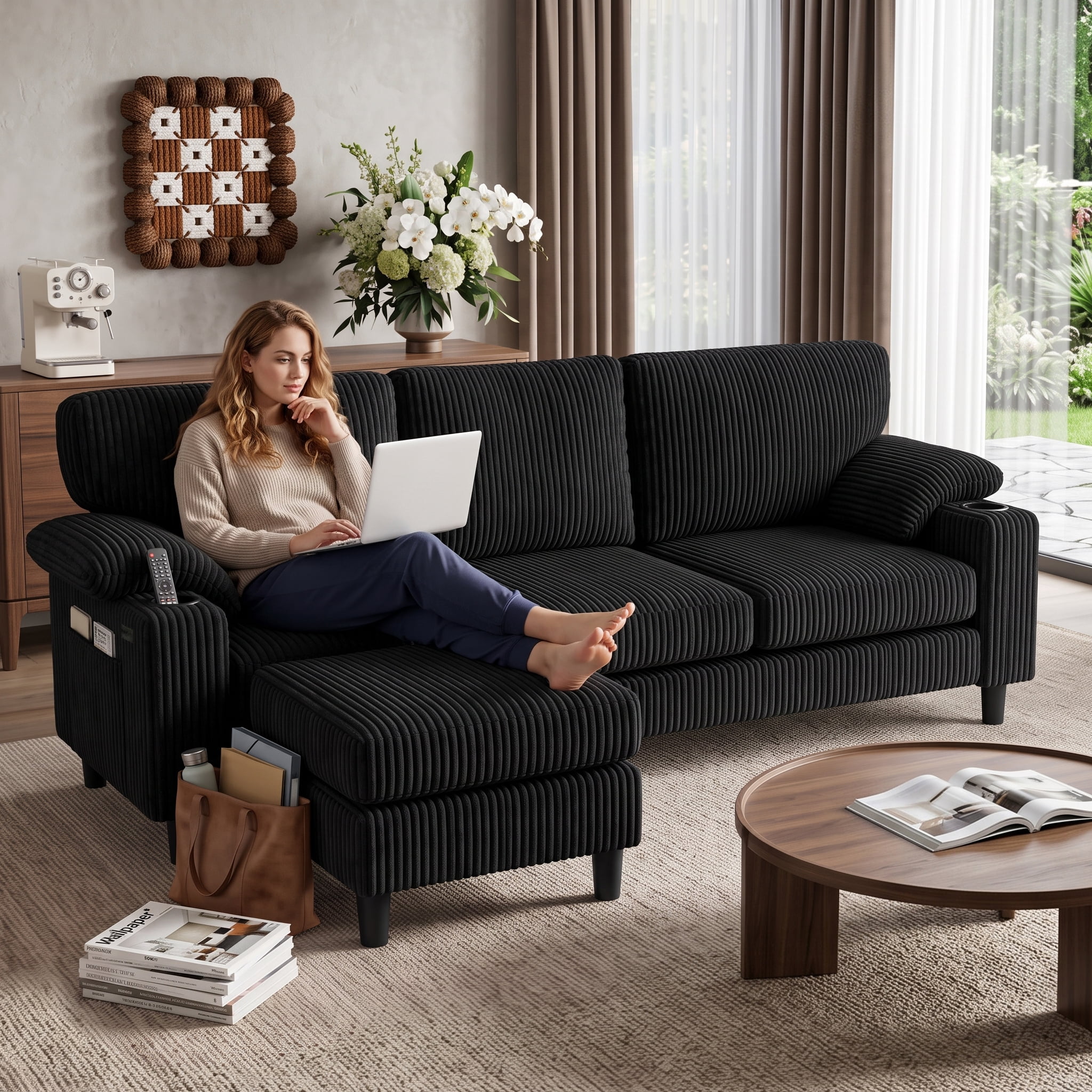 Anpport 80" L‑Shaped Corduroy Sectional Sofa, 3‑Seater Couch with Storage Ottoman, USB Port & Cup Holders for Small Spaces, Black