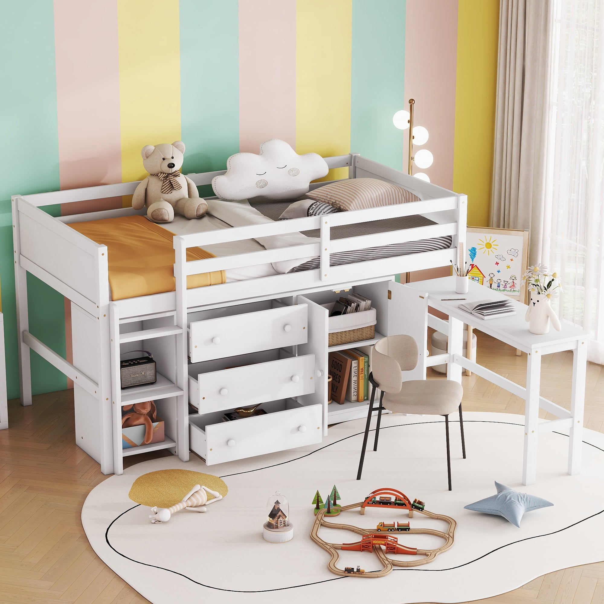 Euroco Wood Twin Size Loft Bed Frame with 3 Drawers, Portable Desk and Shelves for Kids