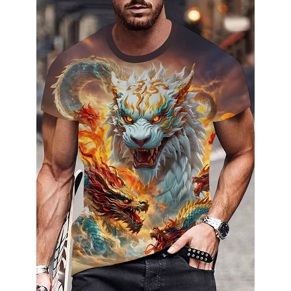 Men'S 3D Printed Dragon Flame Graphic T-Shirt - Mythical Streetwear Tee With Vibrant Colors, Comfort Fit Short Sleeve Round Neck For Summer Casual Wear, Machine Washable Boyfriend Gift