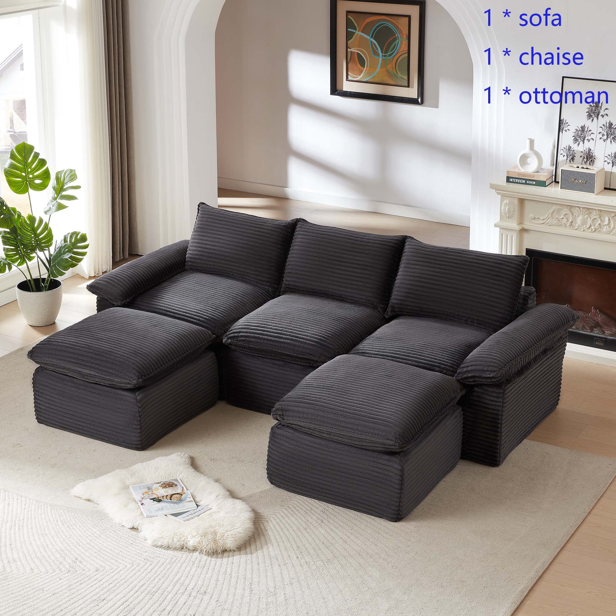 Miniyam 30.7" * 70"* 35.43" Corduroy Chaise for Sectional Sofa, Can be Freely Combined, Dark Gray