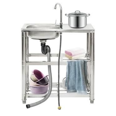 Free Standing Utility Sink, Stainless Steel Single Bowl Commercial Restaurant Kitchen Sink Set with Cold & Hot Water Faucet and Undershelf for Laundry