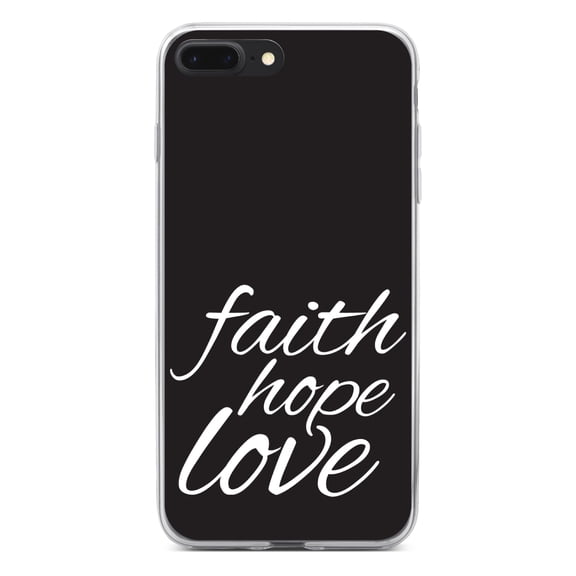 DistinctInk Clear Shockproof Hybrid Case for iPhone 7 PLUS / 8 PLUS (5.5" Screen) - TPU Bumper, Acrylic Back, Tempered Glass Screen Protector - Faith / Hope / Love - Black & White - Love of Christ