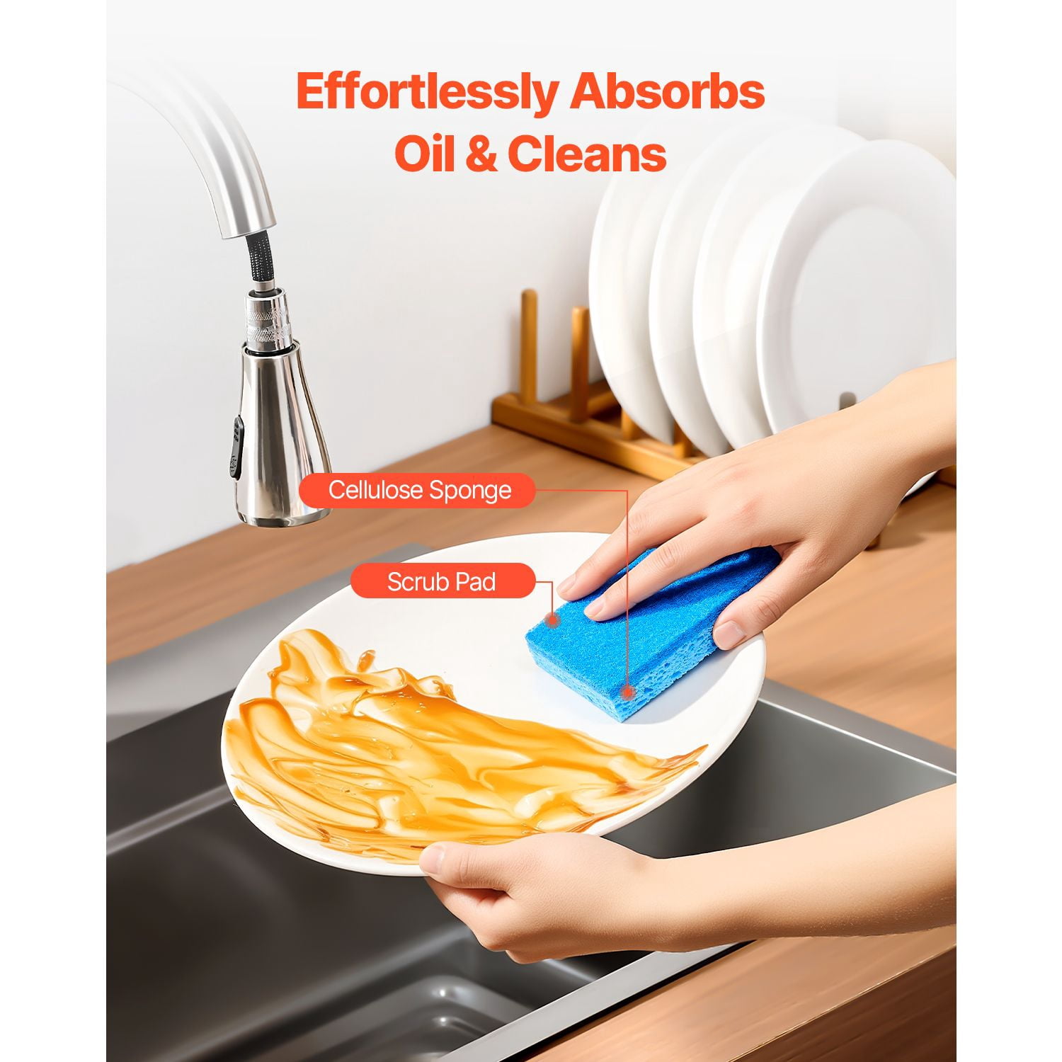 Wood Pulp Cotton Scouring Pads Double-Sided, Dual Layer Dishwashing Cleaning Sponge, Quick-Drying Odor Resistant Rich Foam Scrubber for Kitchen