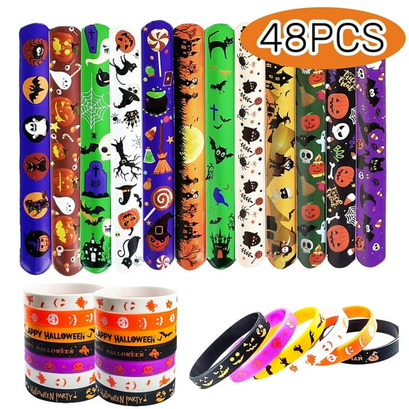 Halloween Party Favors Bag Fillers Slap Bracelets Rubber Wristbands for Kids Assorted Gifts for Girls Boys 48Pcs