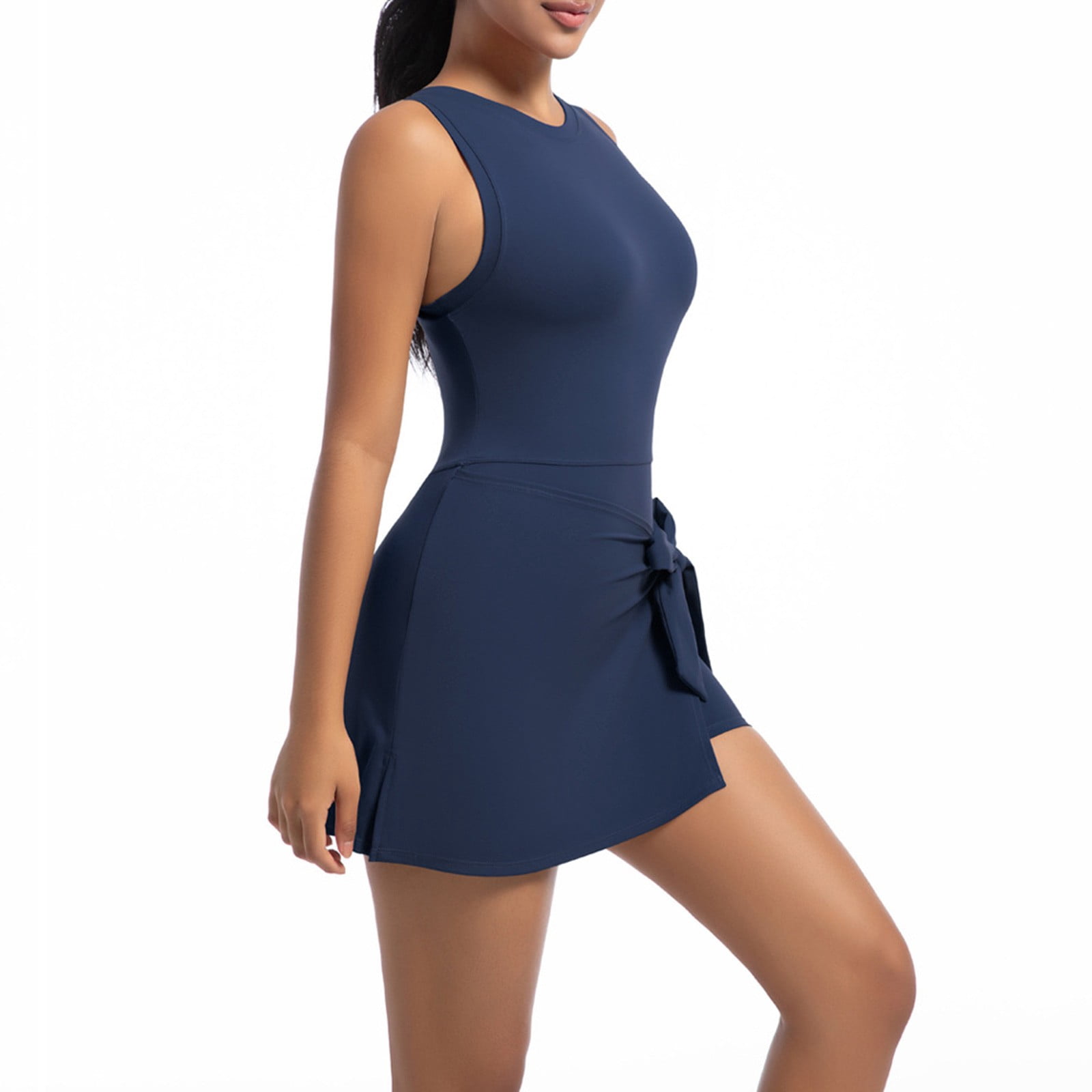 Neewe Womens Tennis Dress Workout Mini Dress with Sleeveless Straps TIe Tunic Waist Athletic Dresses