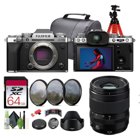 FUJIFILM X-T5 Mirrorless Camera (Silver) Bundle With FUJI XF 16-50mm f/2.8-4.8 R LM WR Lens   64GB Memory Card   Cleaning kit   12 inch Flexible Tripod   More