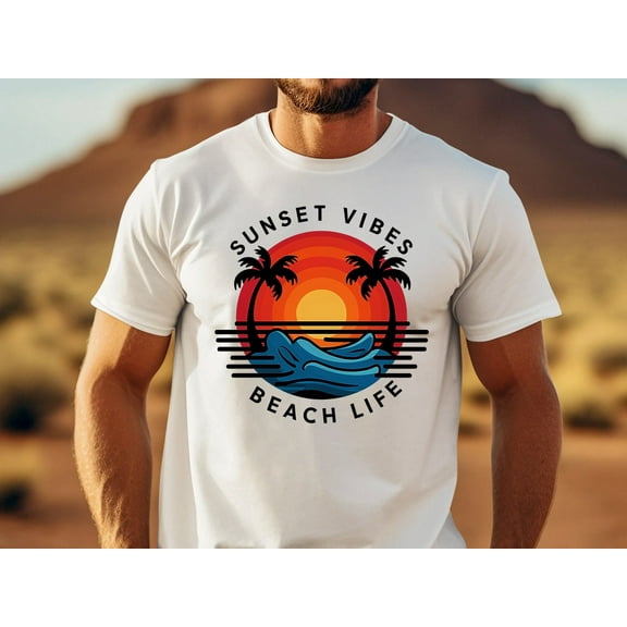 SEIKEMS Sunset Vibes Beach Life T-Shirt, Retro Sunset Graphic Tee, Palm Trees and Ocean Waves Shirt, Summer Beach Vacation Top