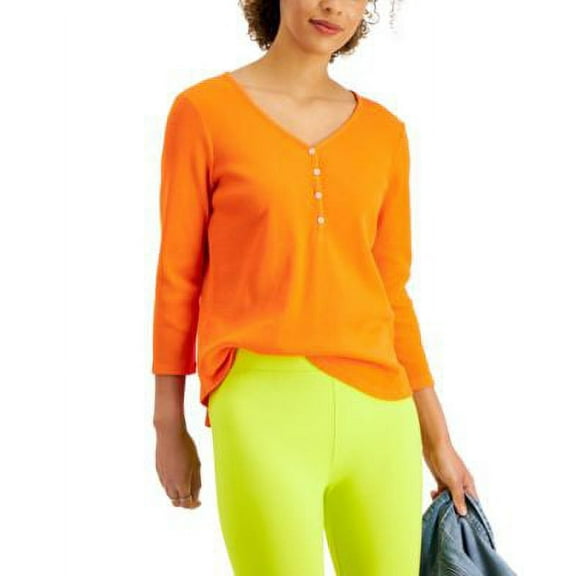 MSRP $45 Style & Co Waffle-Knit Henley T-Shirt Orange Size Medium