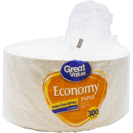 Great Value 9" Paper Plates, White, 300 count