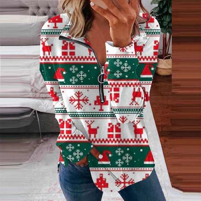 Pntutb Mujer Navidad Impreso Cremallera Cuello Alto Manga Larga Top Manga Larga Cuello Alto Top/Camisa Pntutb Pntutb-7735