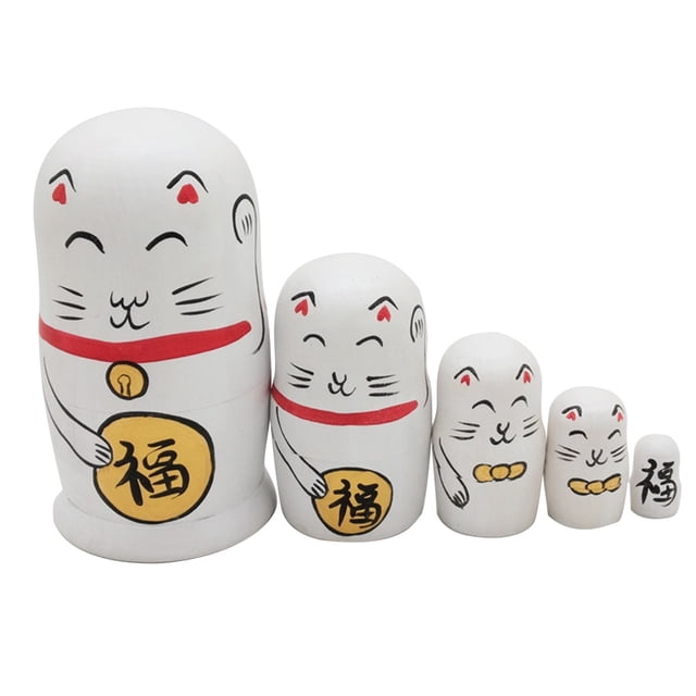 SHISUYAN 5 Pcs Nesting Dolls Adorable White Fortune Cat Russian Stacking Dolls Collection Toy