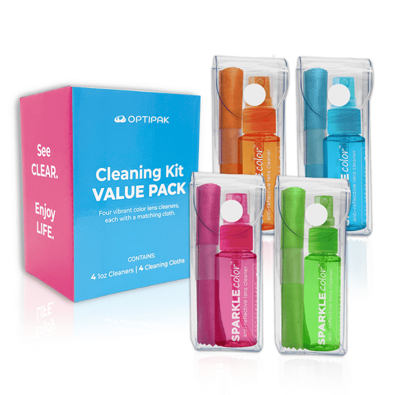 OPTIPAK Vinyl Flip-Top Pouch Eyeglass Lens Cleaner Spray Kit with (4) 1oz Glasses Cleaner Bottle   (4) Microfiber Cloth for Eyeglasses, Sunglasses, Screens and Camera Cleaning Kit (Assorted Colors)