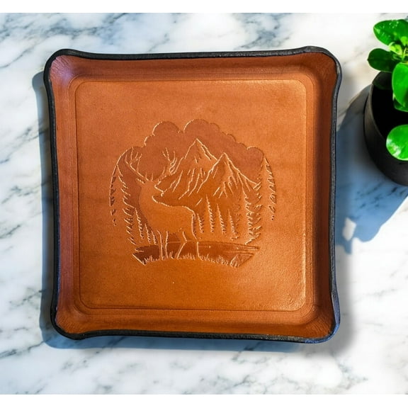 Handcrafted Leather Valet Tray with Mountain Deer Scene, Tan color Premium full grain leather