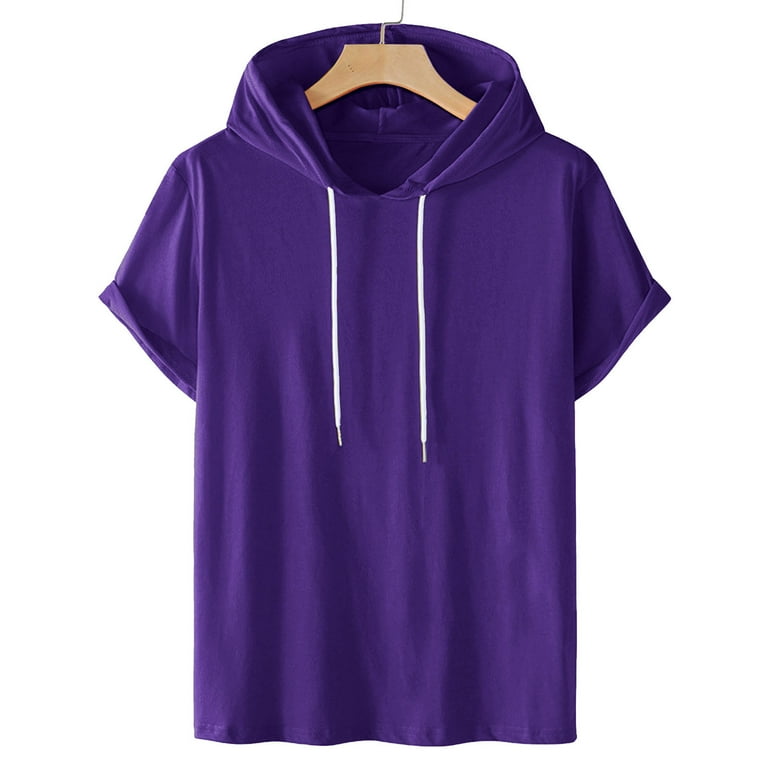 ZCFZJW Mens Short Sleeve Hooded Pullover Tops Lightweight Casual Drawstring Athletic Hoodie T Shirts Trendy Solid Color Workout Sweatshirts Dark Purple XXXL Walmart