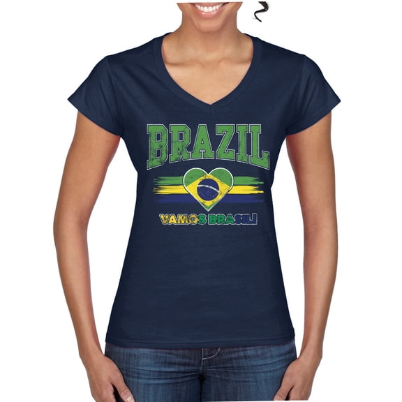 Wild Bobby Brazil Flag Heart Vamos Brasil Graphic | Women's Novelty T-Shirt | Soccer Football Fan Game Day Gift for Her Women Standard V-Neck Tee