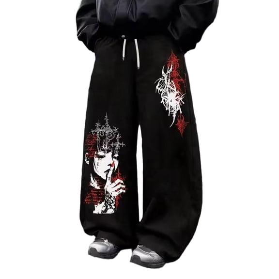 Men Retro Y2K Grunge Gothic Graphic Wide Leg Sweat Trousers Elastic Drawstring Loose Cut Street Casual Pants for Punk Skate Daily Outfits