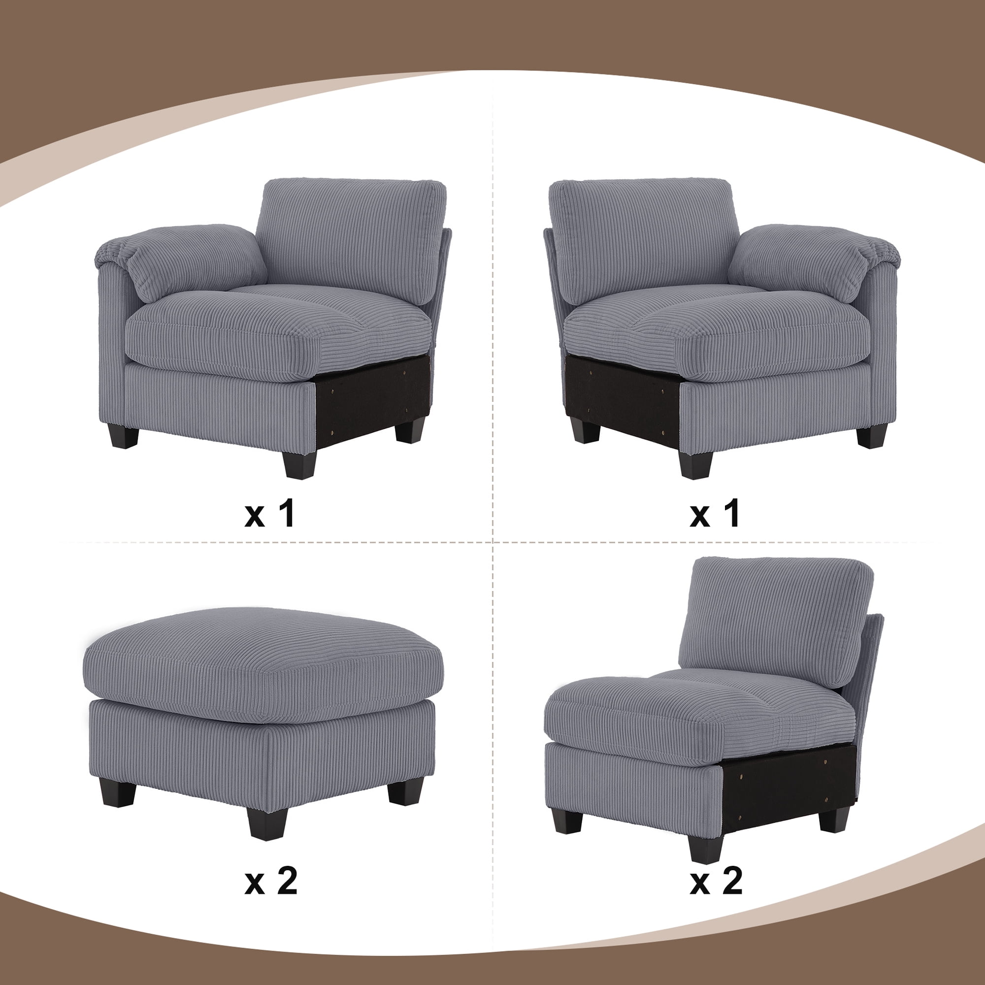 LOYALICE 115" Cozy Oversized Corduroy Modular Sectional Sofa U Shaped 6 Seat Couch with Movable Ottoman & Chaise for Living Room Bedroom, Dark Gray