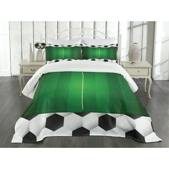 Ambesonne Soccer Quilted Bedspread Set 3 Pcs, Football Field Goal, Queen Size, Black White Green