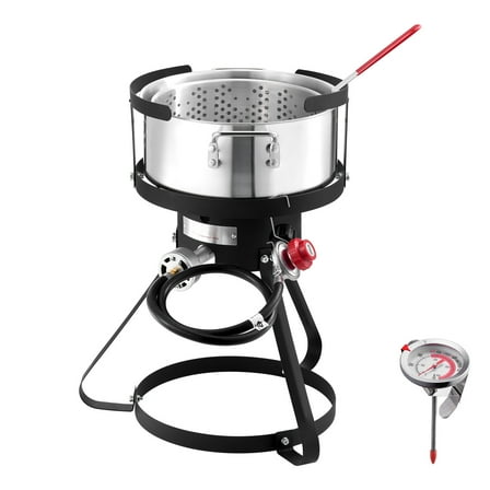 KFFKFF 10 Quart Seafood and Wing Cooker, Aluminum Propane-Powered Cooking Kit, Outdoor Deep-Sea Cooking Pot with Temperature Gauge, Filter Basket, and 54,000 BTUs Propane Heat Sources