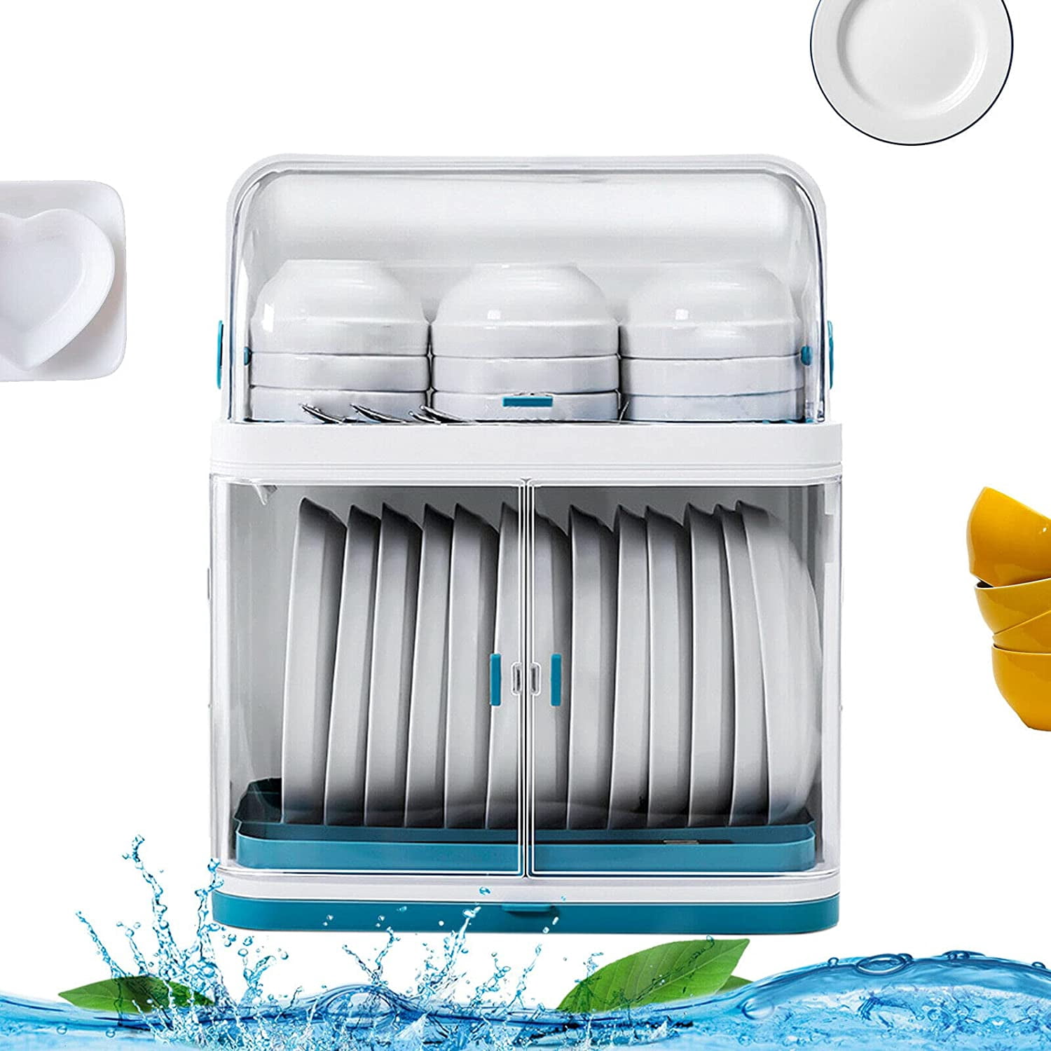FETCOI Dish Drying Rack with Transparancy Shield Modern Dish Organizer Dust-Proof Kitchen Utility Storage Drainer Box with Detachable Drip Tray for Kitchen Counter