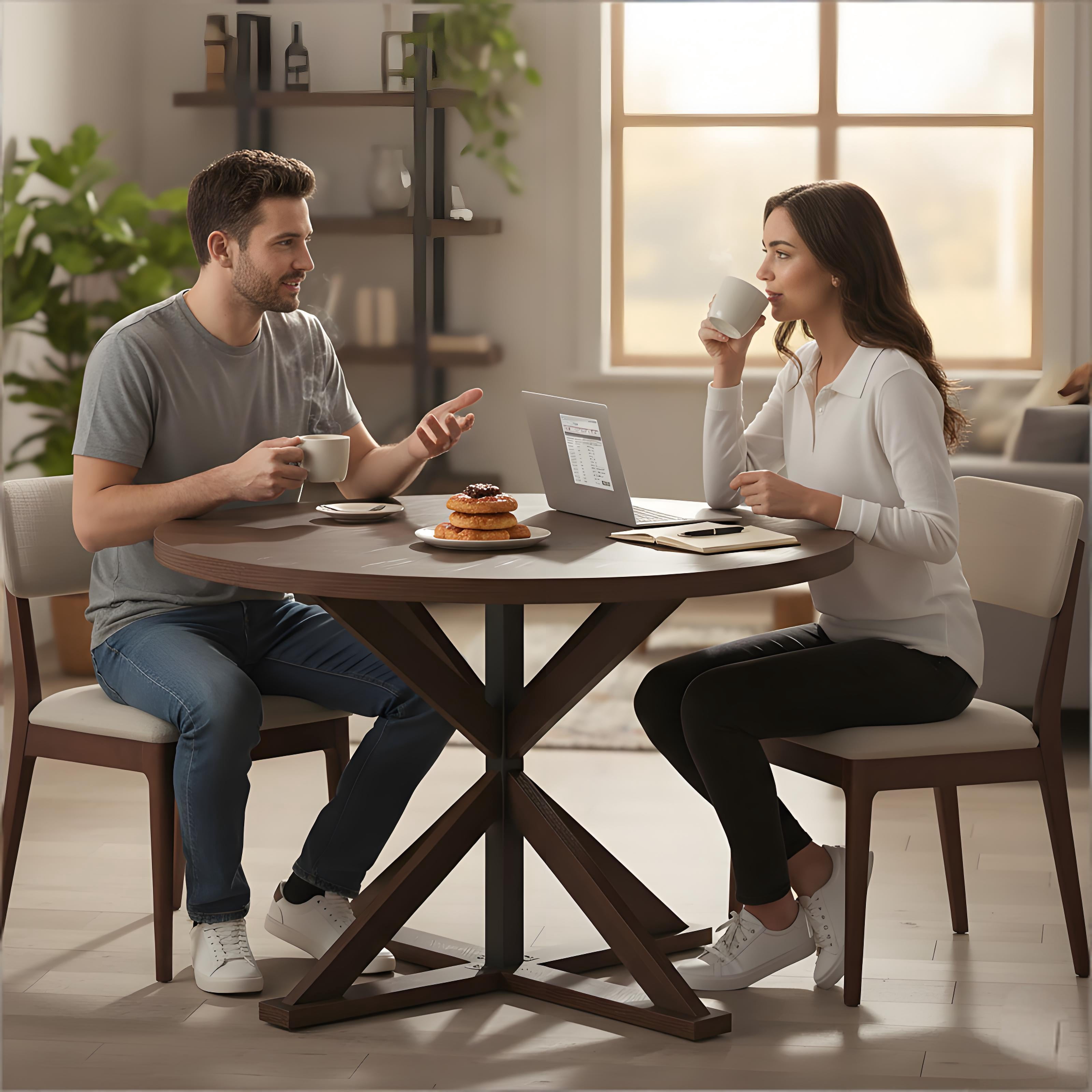 47" Round Dining Table for 4 to 6 People, Modern Farmhouse Kitchen Table with Thickened Waterproof Top, Sturdy X-Base Pedestal Table for Small Spaces, Dining Room, Rustic Brown