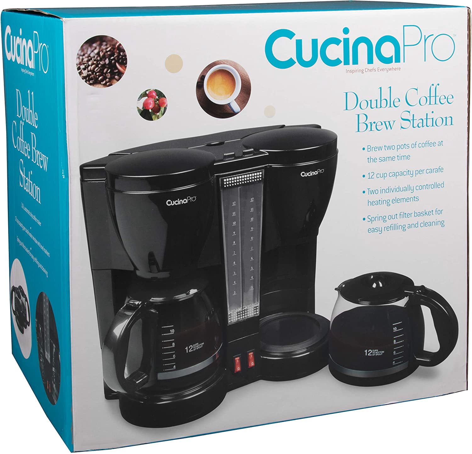 Double Coffee Brewer Station - Dual Drip Coffee Maker Brews two 12-cup Pots, Make Regular or Decaf at Once or Different Flavors, w/ Individual Heating Elements, 2 Glass Carafes, Filters & Scoopers