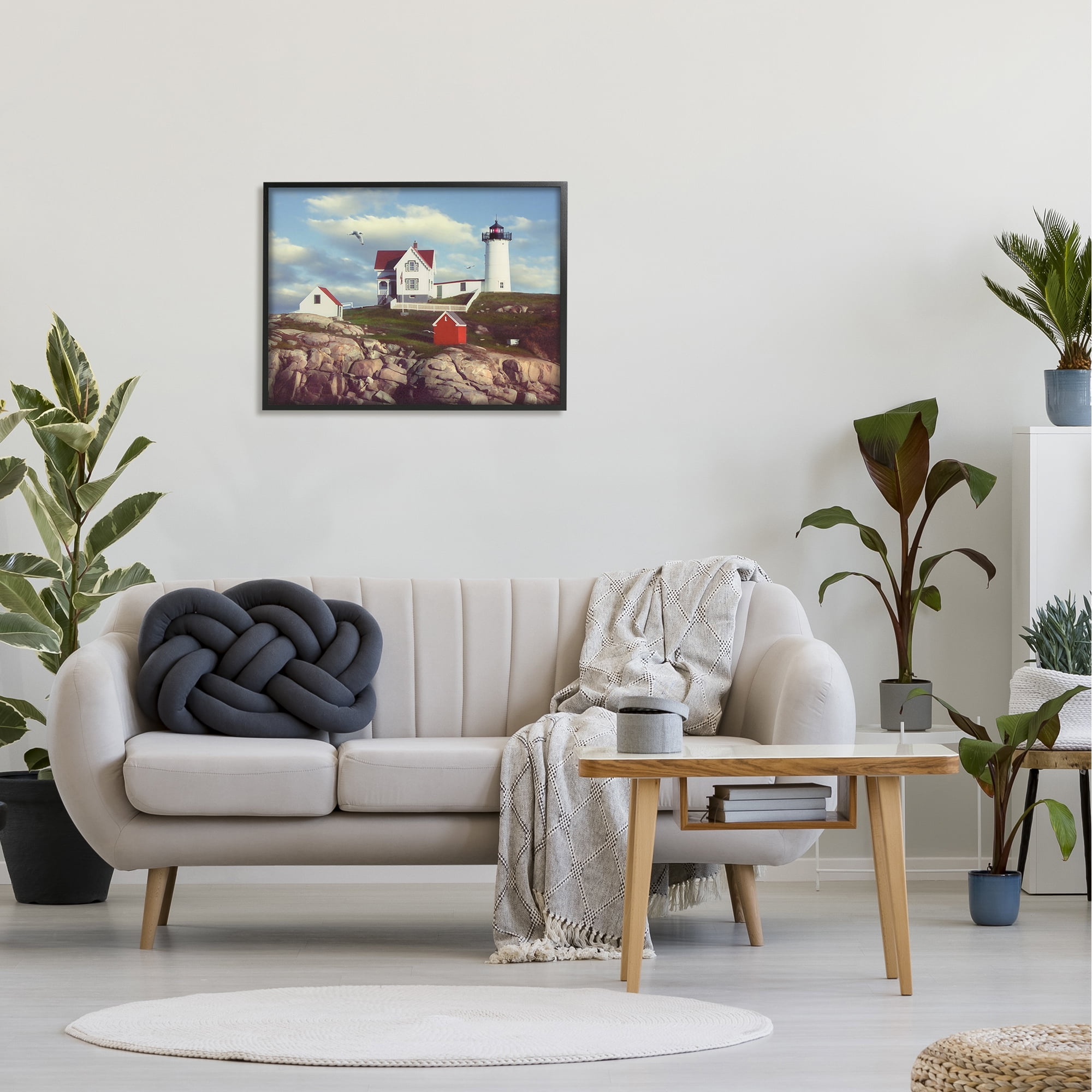 The Stupell Home Decor Collection Nubble Break Water Rocks White Lighthouse with Seagull Framed Giclee Texturized Art