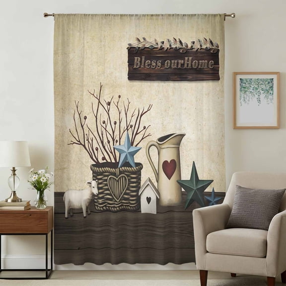 Texas Stars Vintage Sheer Curtains 63 Inches Long, Bless OurHome Pots Country Wood Grain Light Filering Curtains, Breathable Simi Curtain Privacy Drapes for Living Room Bedroom Window Treatment