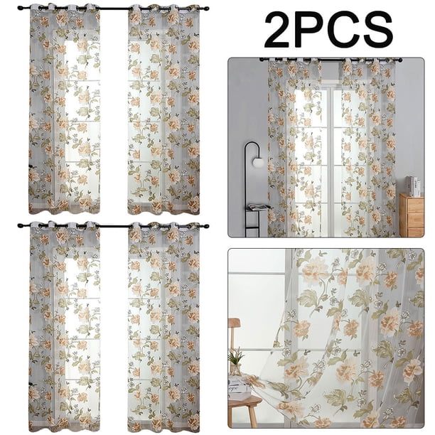WDOplteas Cortina Ventana Con Flores Cenefas Gasa Transparente Color Amarillo (amarillo 100x250cm) 2 Uds.