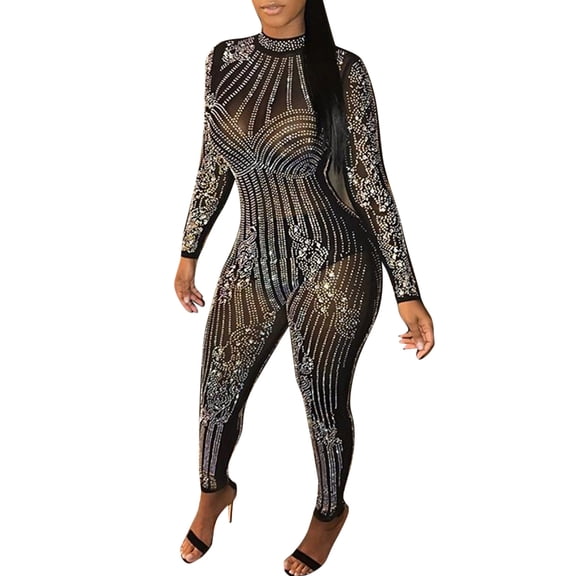 Women's Nightclub Sequin High Neck Long Sleeve Jumpsuit Evening Party Slim Fit Sexy Bodysuit