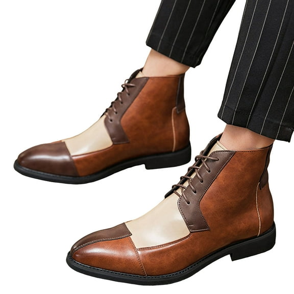 Men's Vintage Color Blocking Leather Ankle Boots Fashion Pointed Toe Flat Lace Up Casual Booties
