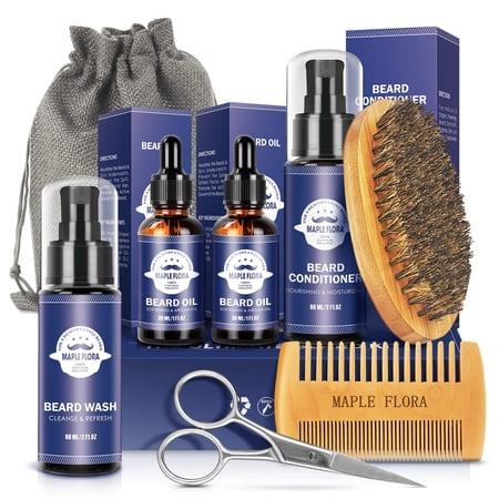Maple Flora Beard Care Kit Gifts Set w/Beard 2 Packs Beard Oil, Beard Wash, Brush, Comb, Scissors, Bag, e-Book, Valentine's Day Present Birthday Gifts for Men Him Dad Boyfriend Husband kk15