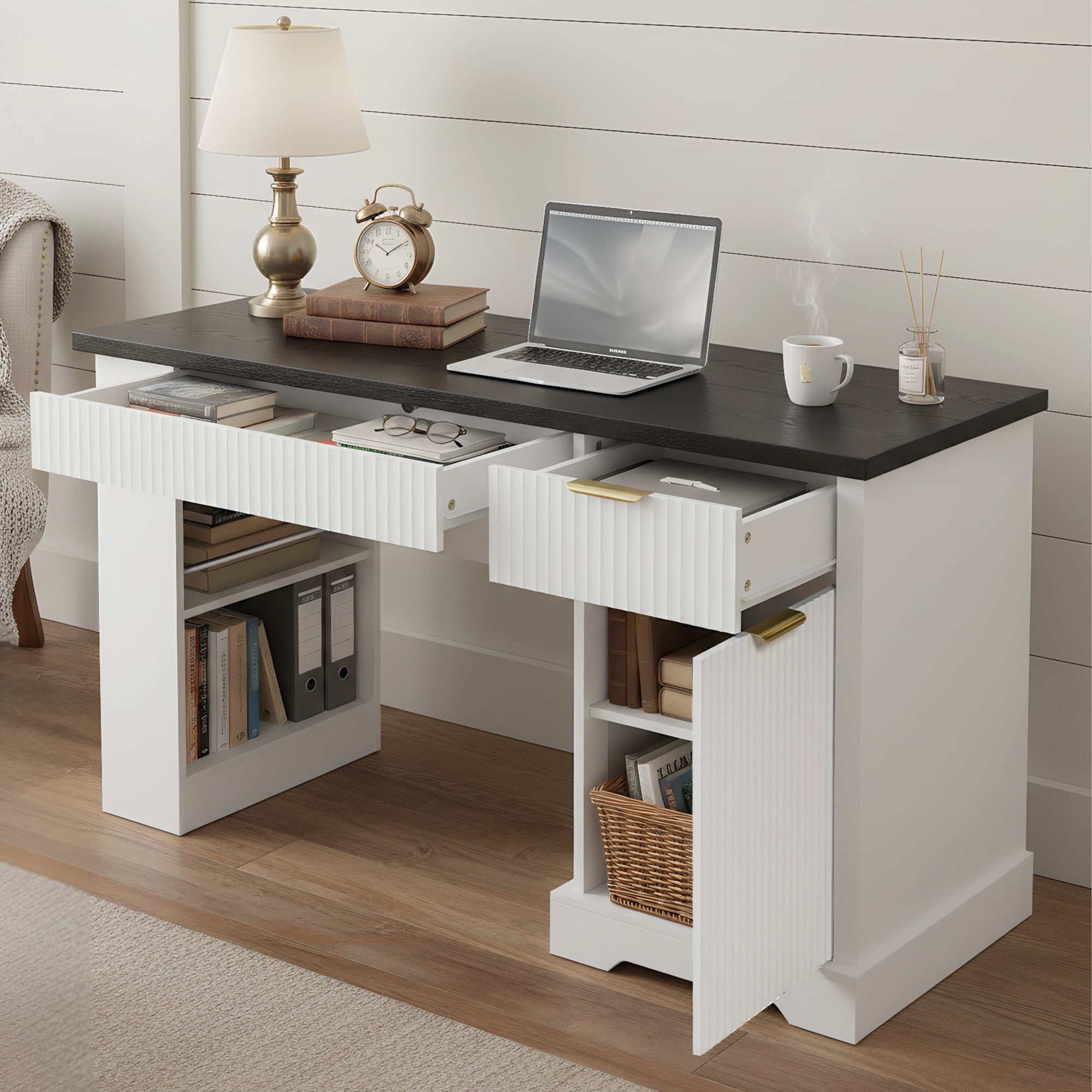 55" Office Desk with Storage Cabinet & Drawers, Computer Writing Desk with Power Outlet, Pegboard, Built-in Shelves and Keyboard Tray for Study, Living Room, Home Office, White