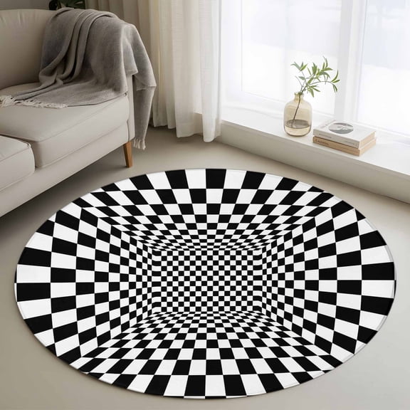 Black White Plaid Round Area Rug 3.3Ft Washable Circle Rugs for Dining Room Table, Modern Abstract Checkered Striped Non-Slip Carpet Floor Mats Indoor Outdoor Carpet Runner Aesthetic Home Decor