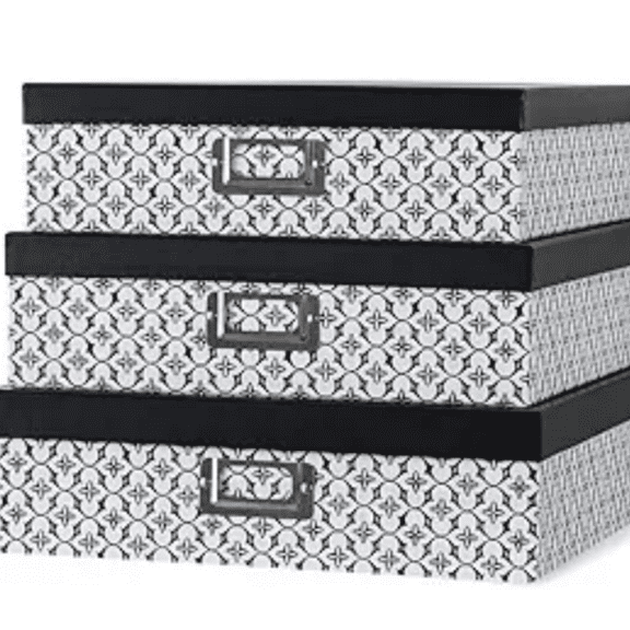 Black and White Decorative Storage Boxes with Lids for Organizing, Set of 3 Jumbo Scrapbook Storage Boxes for Documents, Keepsakes, Memories, Modern Trellis