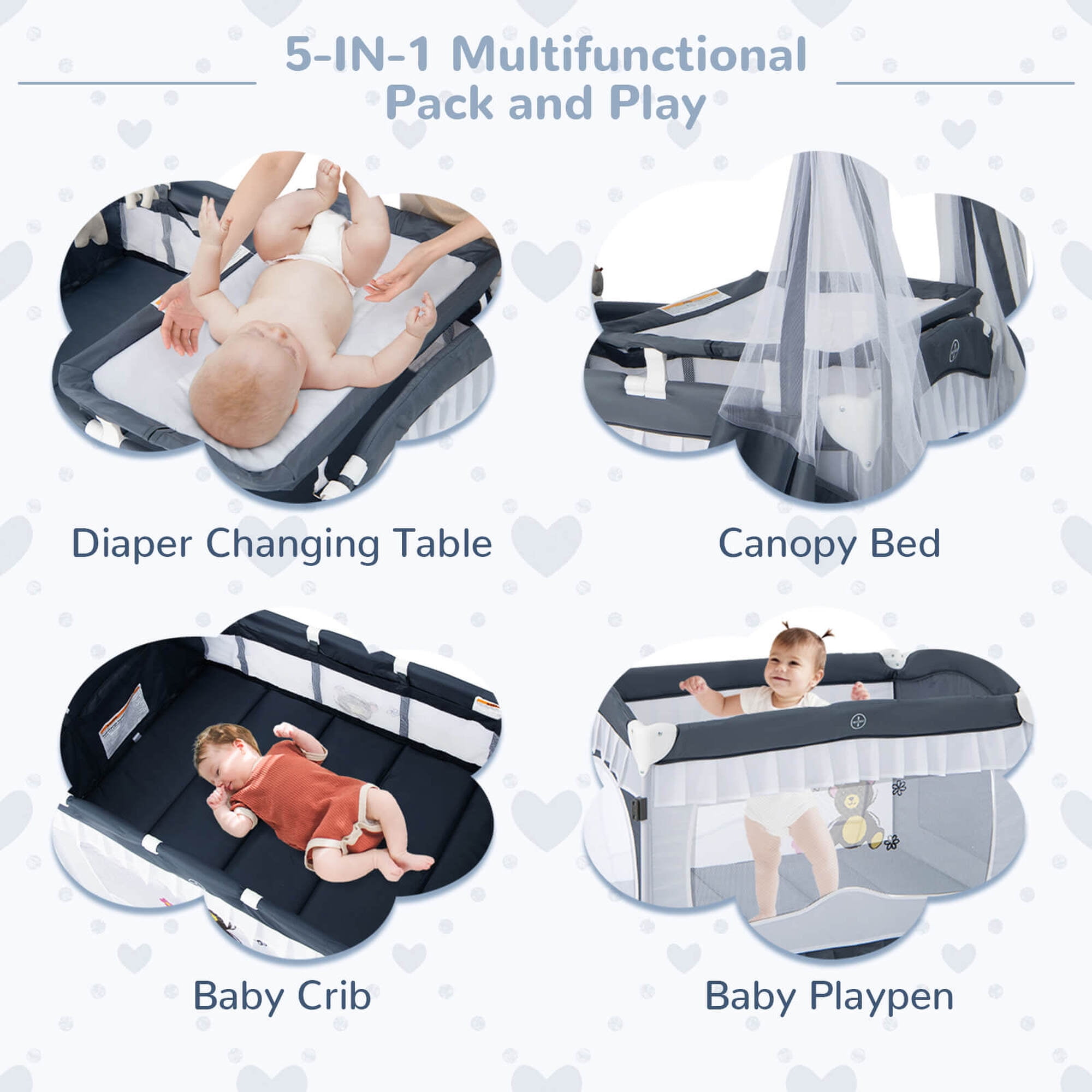 Costway Baby Playard Crib Bed 4 in 1 Portable with Changing Table Canopy Music Box Grey