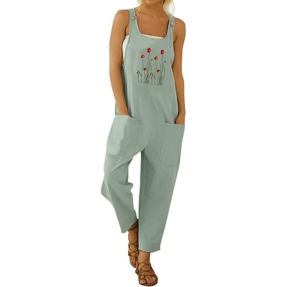 utcoco Women's Casual Straight Leg Jumpsuit Floral Embroider Bib Slacks