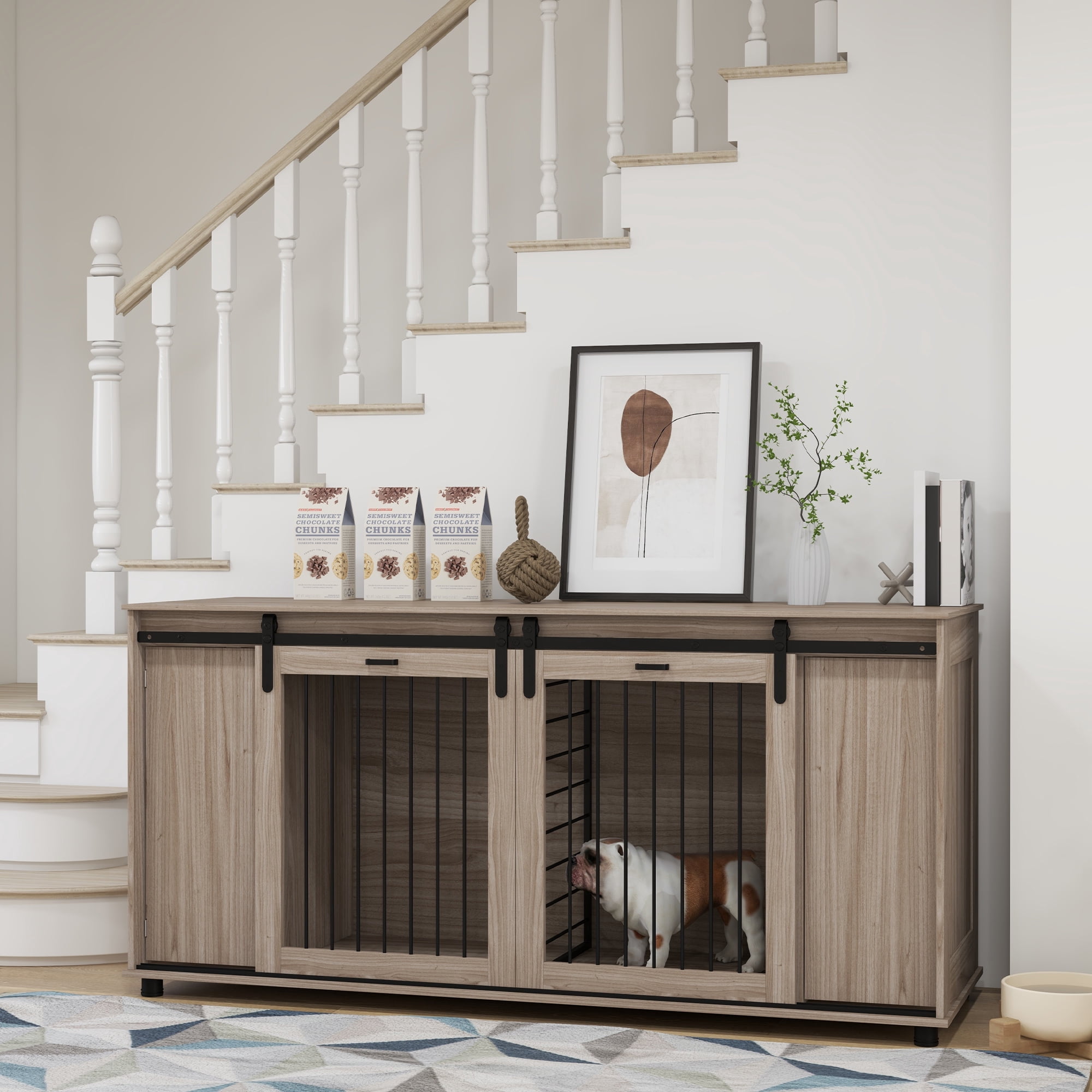 Dog Crate Furniture with Removable Divider for 2 Small Dogs or 1 Large Dog, 71" Modern Dog Kennel Furniture End Table with Storage, Double Doors, Walnut