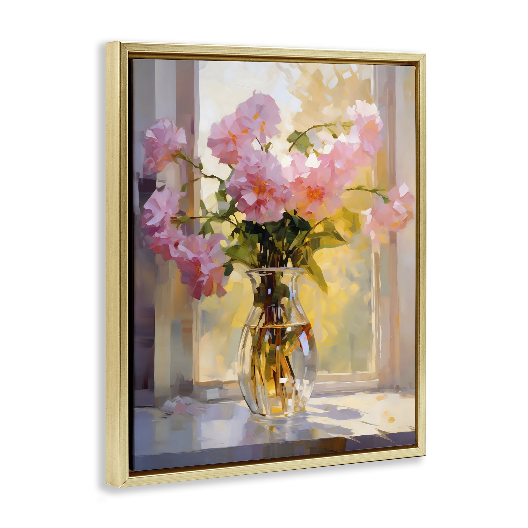 Stupell Industries Pink Flowers in Sunlit Vase Gold Framed Floater Canvas Wall Art, design by Creative Studio