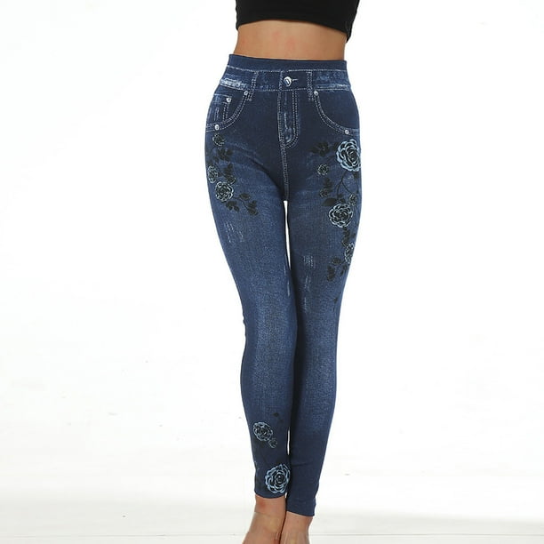 ICHUANYI Clearance Women's Imitation Denim Printed Leggings Capris High Waisted Elastic Pencil Pants(Blue, M) ICHUANYI WER2023080915363