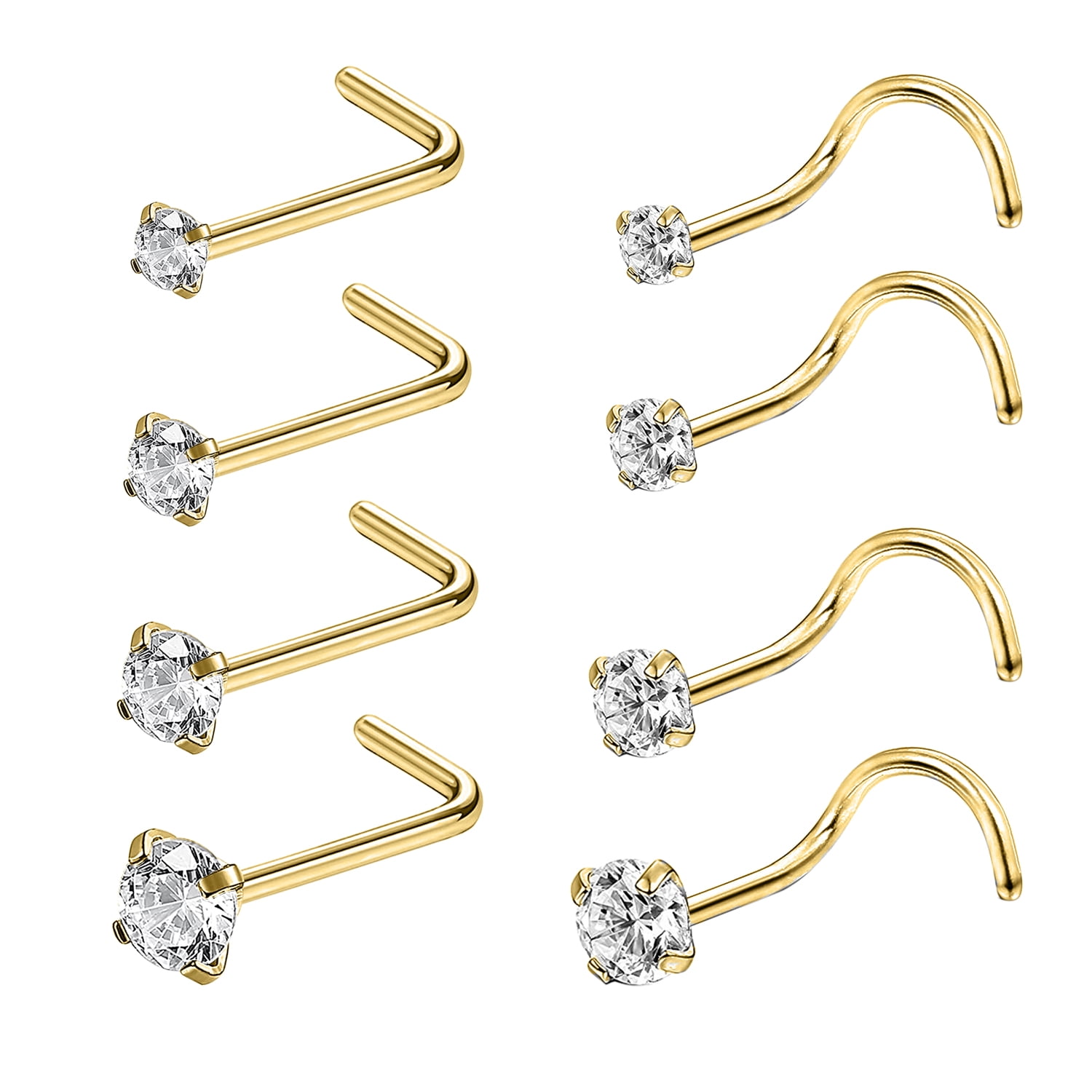 ZS 8Pcs/Set 20G Stainless Steel Crystal Nose Stud Piercing L Shaped/Nose Screws Rings Set