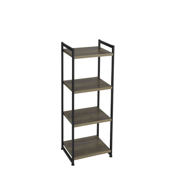 Household Essentials Jamestown Narrow 4 Shelf Open Storage Bookshelf Ashwood Rustic Wood Grain and Black Metal
