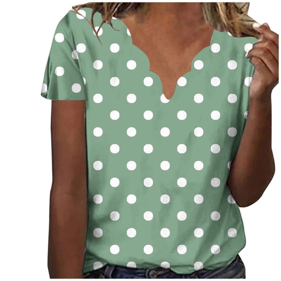 Staron Summer Tops for Women Polka Dot Blouse Casual Short Sleeve V Neck Round Collar Fashion Shirt, Green L