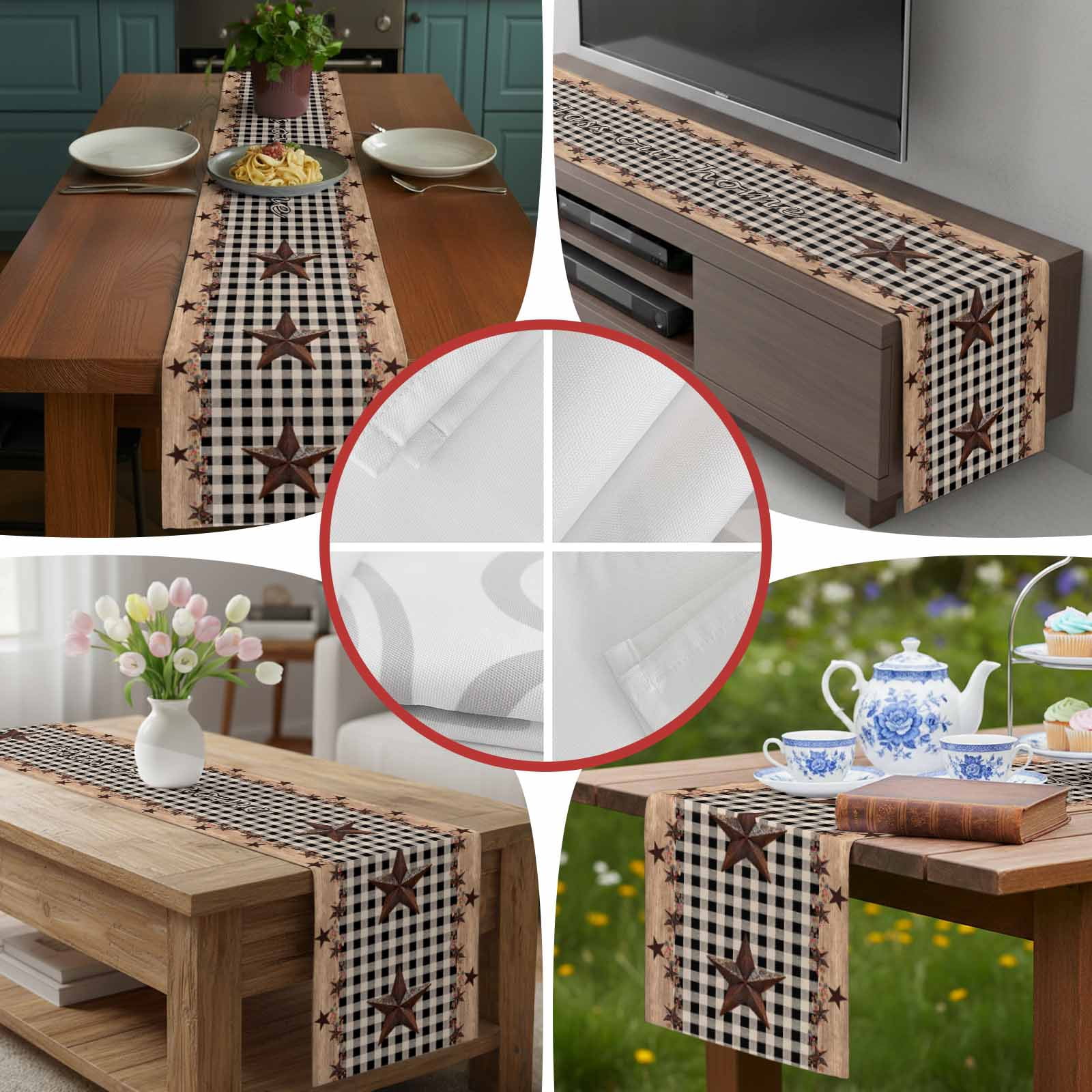 Independence Day Western Star on Wood Table Runner 90 Inches Long, Black Plaid Table Runners Tabletop Scarf Kitchen Dining Tables Decoration for Home Party Indoor Outdoor