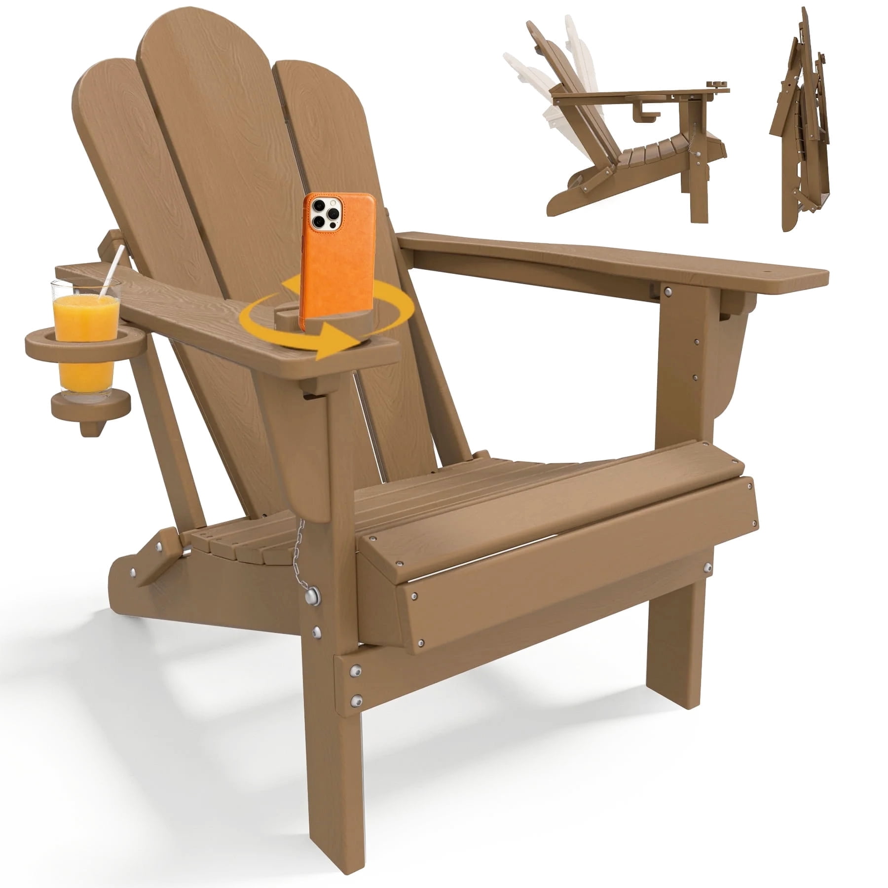 Tappio Folding Adirondack Chair All Weather HDPE Outdoor Patio Chairs with 3- Position Adjustable Backrest, Detachable Multifunctional Holders and Cup Holders, Fire Pit Chairs, Brown