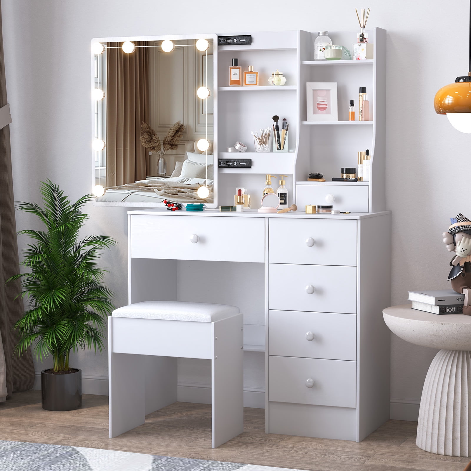 Caulitar Makeup Vanity Set with Sliding Mirror, Makeup Table With 3-Color LED Lights Vanity Desk with Stool & 6 Drawers & Shelves, White