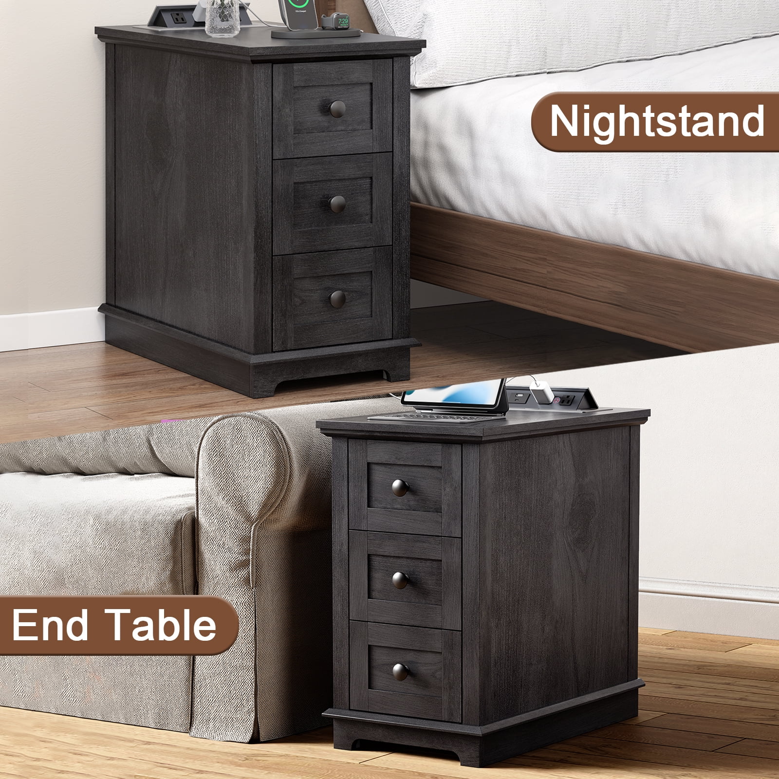 FAGAGA End Table with 3 Drawers for Living Room,Nightstand Sofa Side Table with Charging Station,Black