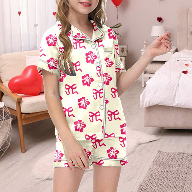Pyjama en Satin pour Enfants pour Filles, Imprimé Graphique, Ensemble de Pyjama à Boutons pour Filles, Ensemble de Pyjama Mode pour Filles, Pyjama pour Tout-Petits 8-10 Ans